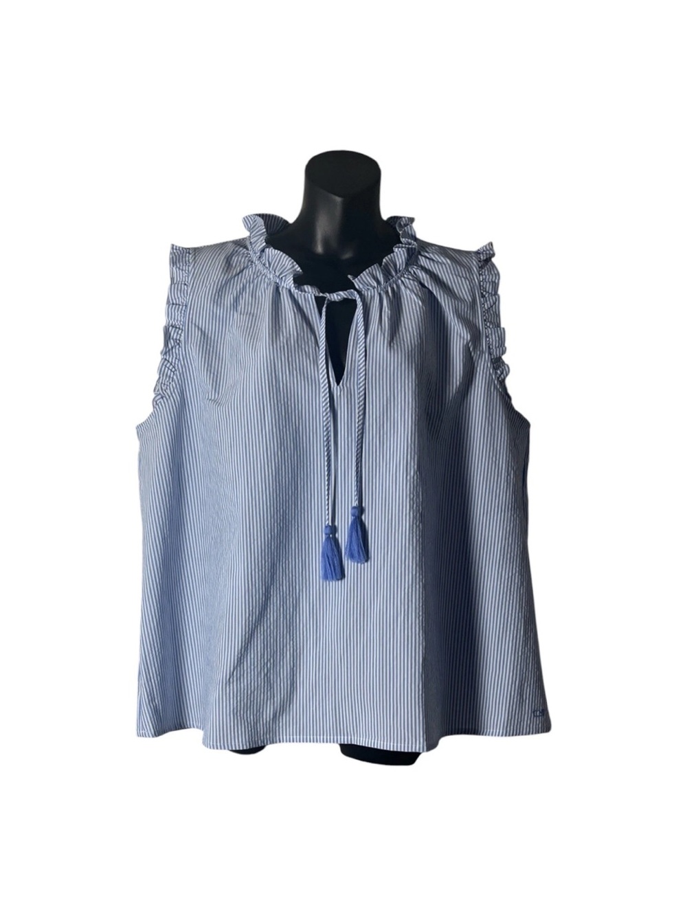 Vineyard Vines Light Blue & White Striped Ruffle Tie-Neck Sleeveless Top Sz XL